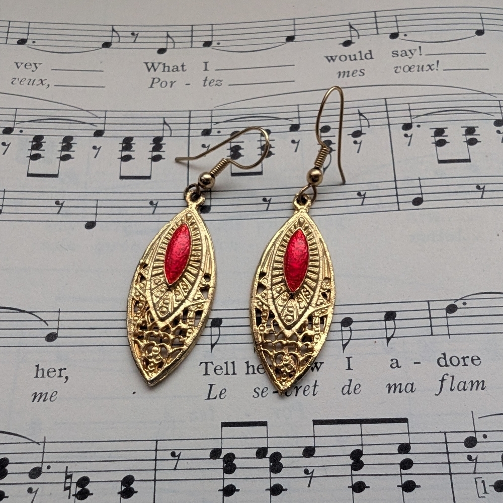 Gold Filigree Drop Earrings with Red Accent